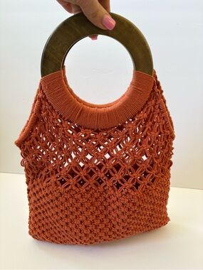 Orange Crochet Bag Purse Wooden Round Handle Boho Lagenlook Festival Fairy Bloom